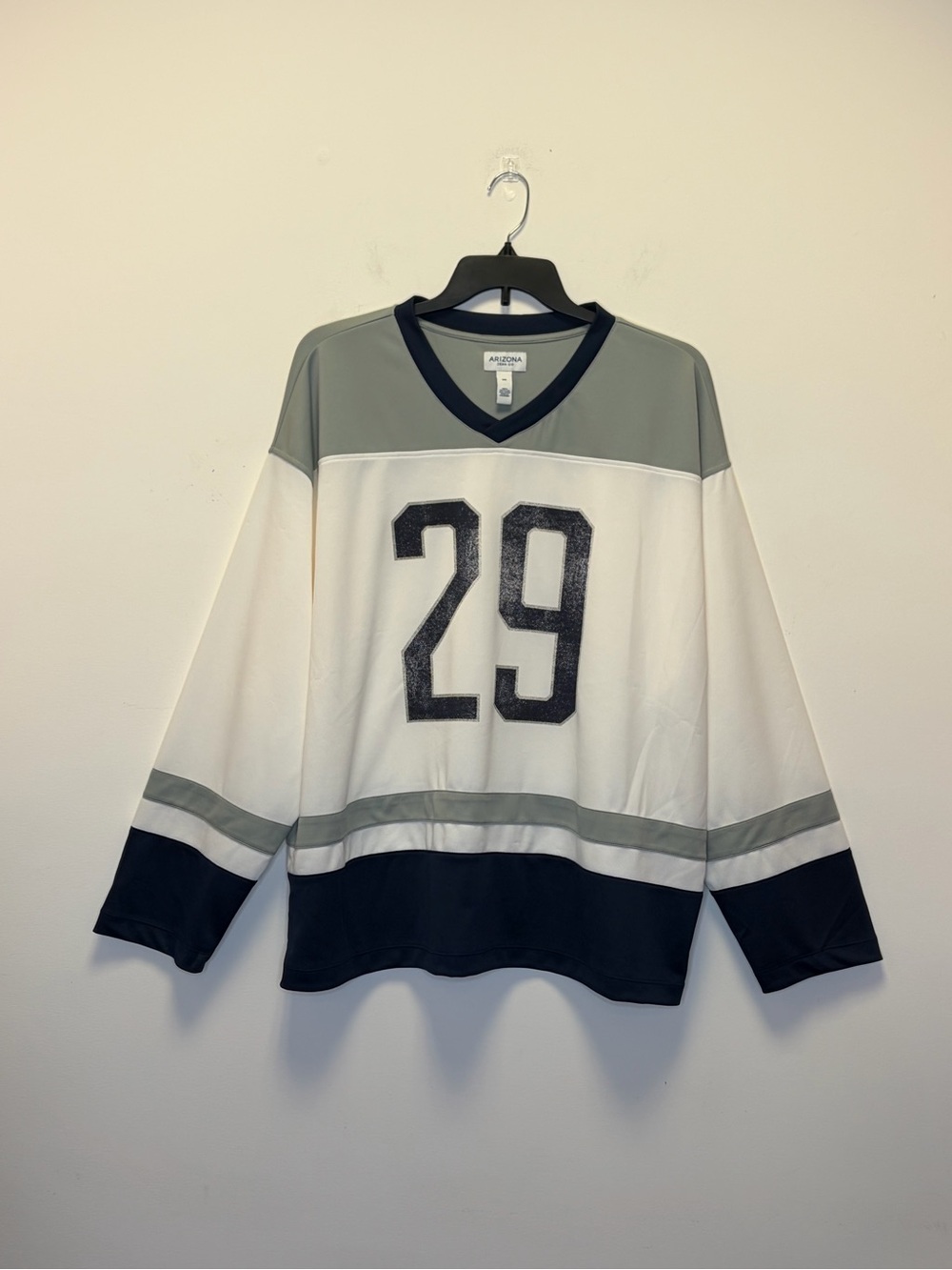 Arizona Jean Company V-Neck Hockey Sweater in White, Gray, and Black